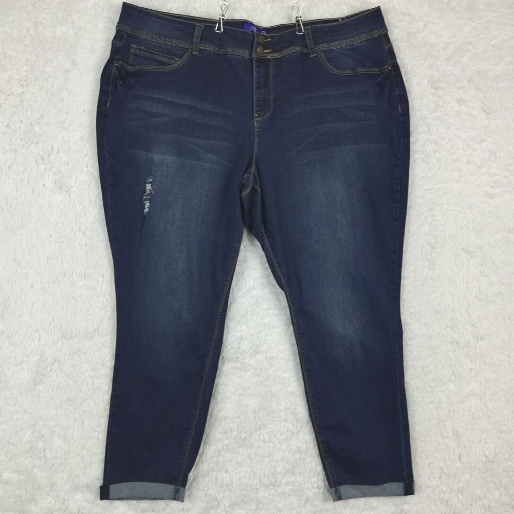 Royalty For Me Womens Jeans Skinny Crop Blue Denim Distressed Cuffed Plus 24W